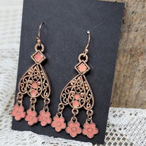 Elegant Pink Flower Dangle Pierced Earrings Copper